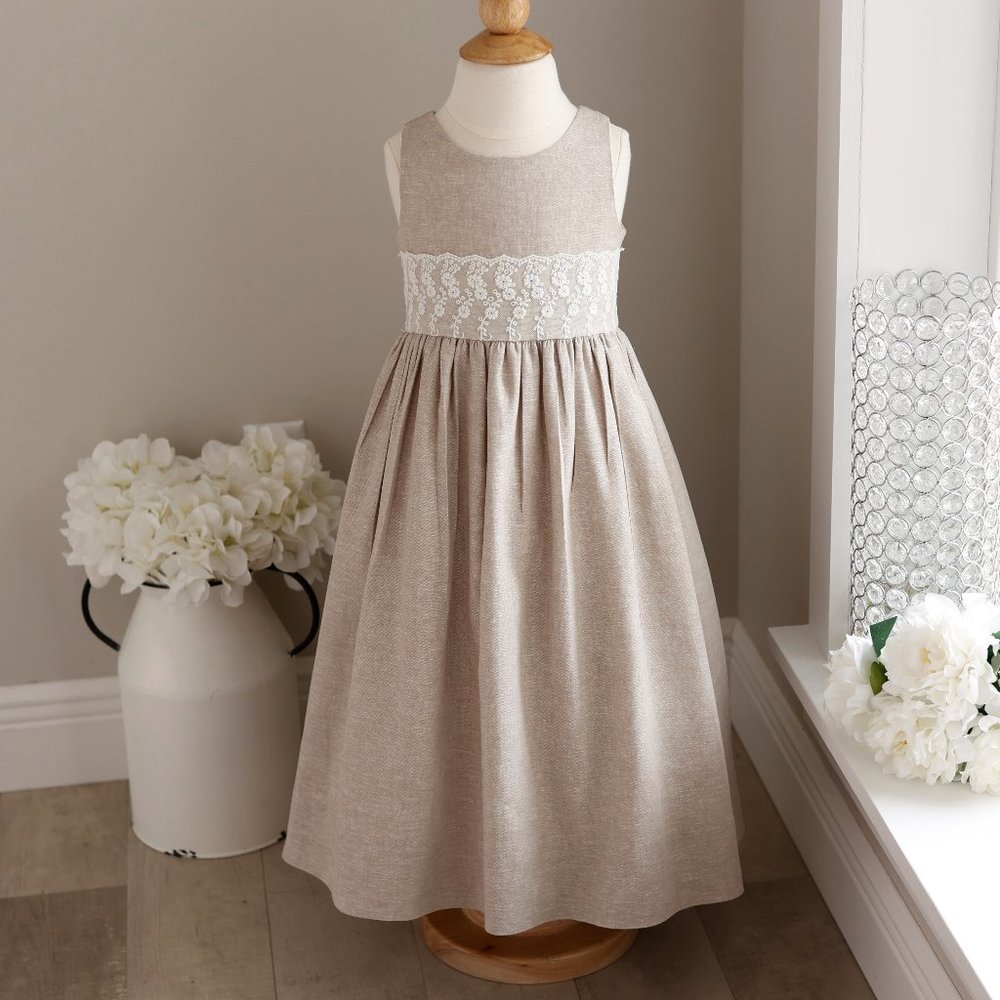 Linen Dress Girls Flax Bailey Boys Boutique Vintage Lace Trim LIKE NEW